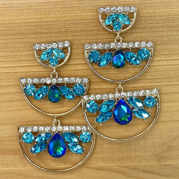 Turquoise Blue Fun Funky Crystal Standout Chandelier Earrings - Picture 4 of 5